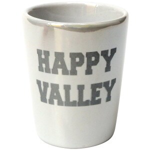 white luster shot glass with silver Happy Valley